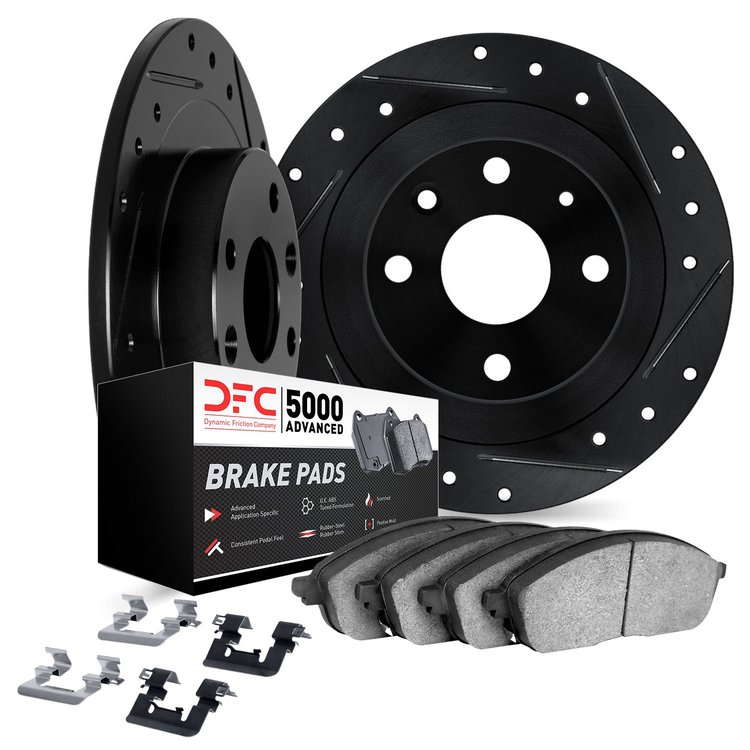 8512-28003 Drilled/Slotted Brake Rotors w/5000 Advanced Brake Pads Kit & Hardware [Black], 1980-1989 Peugeot, Position: Front