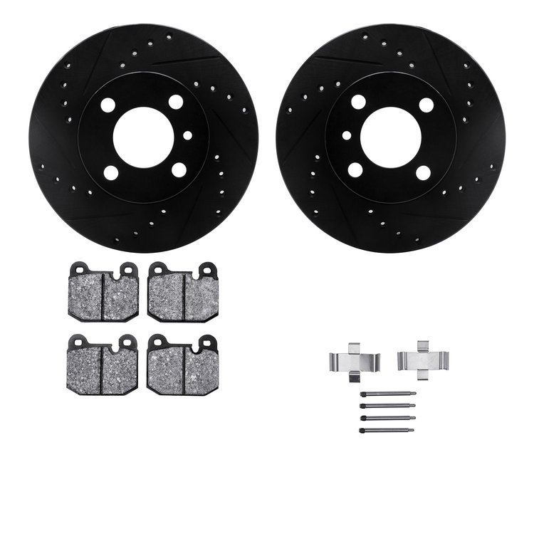 8512-31004 Drilled/Slotted Brake Rotors w/5000 Advanced Brake Pads Kit & Hardware [Black], 1977-1977 BMW, Position: Front