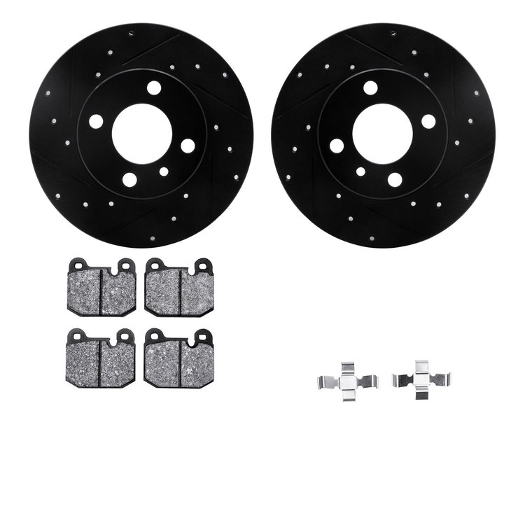 8512-31005 Drilled/Slotted Brake Rotors w/5000 Advanced Brake Pads Kit & Hardware [Black], 1977-1983 BMW, Position: Front