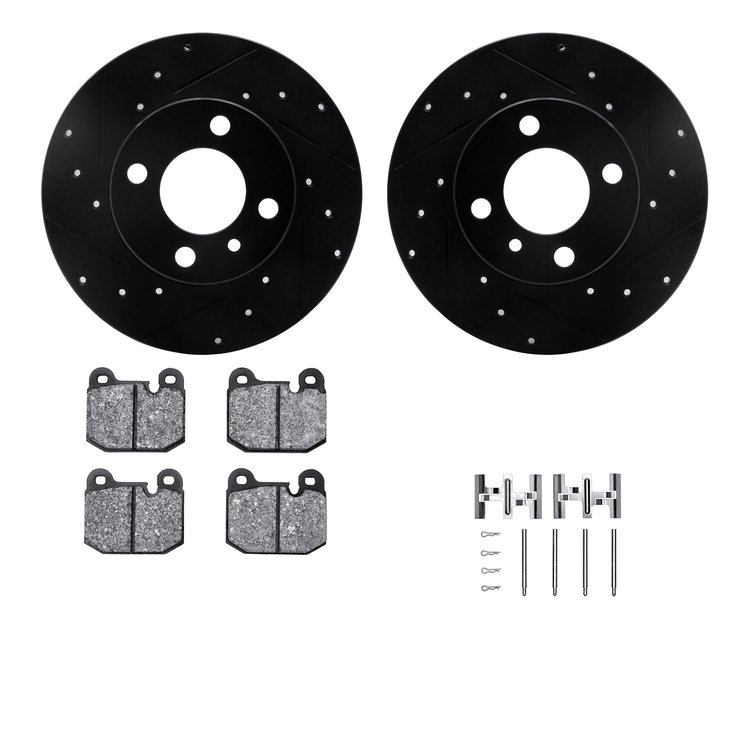 8512-31006 Drilled/Slotted Brake Rotors w/5000 Advanced Brake Pads Kit & Hardware [Black], 1977-1983 BMW, Position: Front