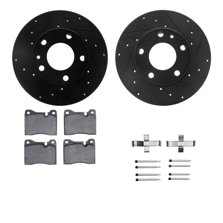 8512-31011 Drilled/Slotted Brake Rotors w/5000 Advanced Brake Pads Kit & Hardware [Black], 1976-1976 BMW, Position: Front