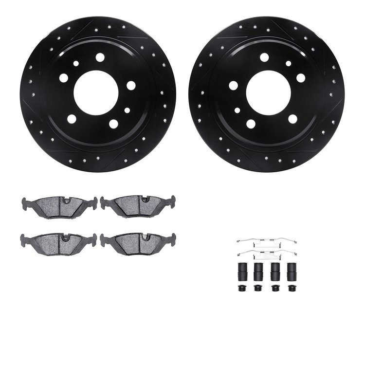 8512-31013 Drilled/Slotted Brake Rotors w/5000 Advanced Brake Pads Kit & Hardware [Black], 1982-1989 BMW, Position: Rear