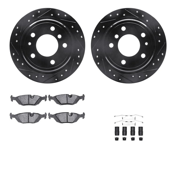 8512-31014 Drilled/Slotted Brake Rotors w/5000 Advanced Brake Pads Kit & Hardware [Black], 1981-1986 BMW, Position: Rear