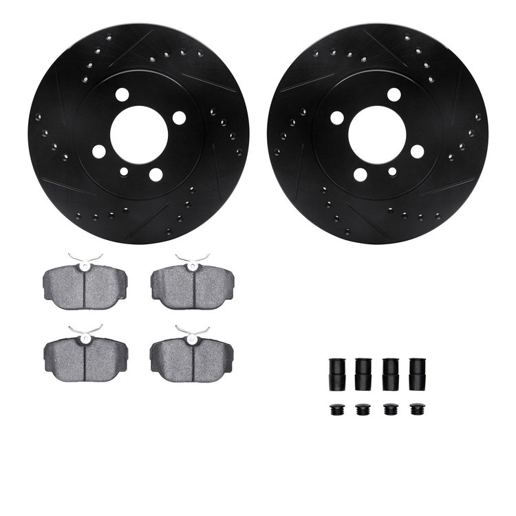 8512-31015 Drilled/Slotted Brake Rotors w/5000 Advanced Brake Pads Kit & Hardware [Black], 1984-1991 BMW, Position: Front