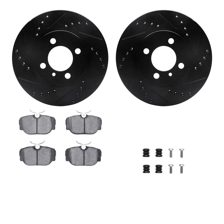 8512-31016 Drilled/Slotted Brake Rotors w/5000 Advanced Brake Pads Kit & Hardware [Black], 1984-1991 BMW, Position: Front