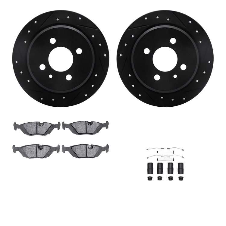 8512-31017 Drilled/Slotted Brake Rotors w/5000 Advanced Brake Pads Kit & Hardware [Black], 1984-1991 BMW, Position: Rear