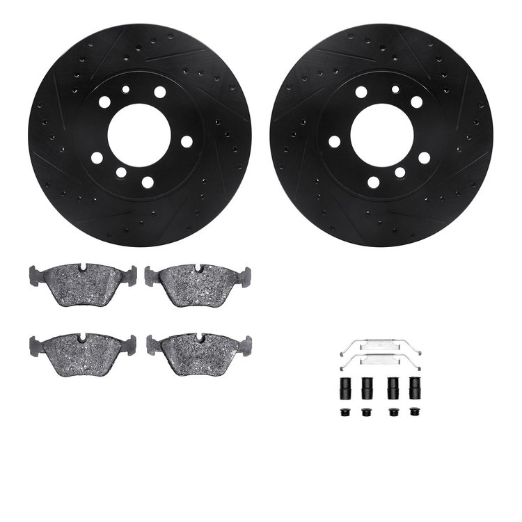 8512-31019 Drilled/Slotted Brake Rotors w/5000 Advanced Brake Pads Kit & Hardware [Black], 1987-1995 BMW, Position: Front