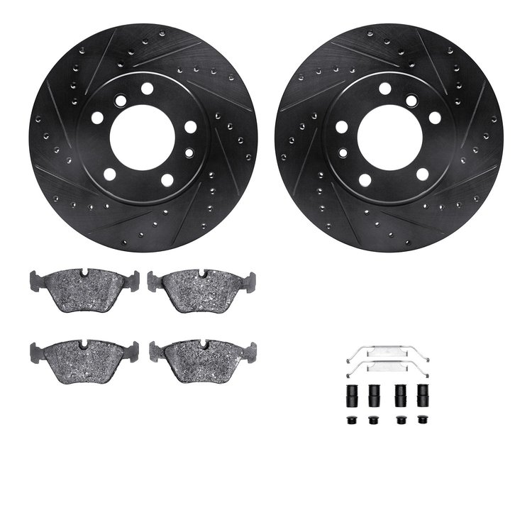 8512-31022 Drilled/Slotted Brake Rotors w/5000 Advanced Brake Pads Kit & Hardware [Black], 1989-1995 BMW, Position: Front