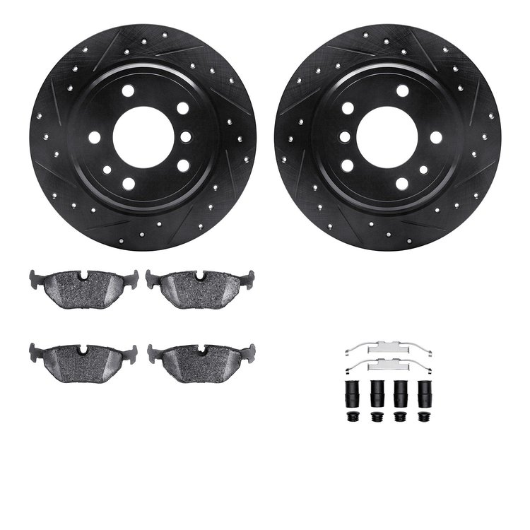 8512-31023 Drilled/Slotted Brake Rotors w/5000 Advanced Brake Pads Kit & Hardware [Black], 1989-1995 BMW, Position: Rear