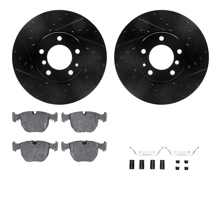 8512-31029 Drilled/Slotted Brake Rotors w/5000 Advanced Brake Pads Kit & Hardware [Black], 1995-2001 BMW, Position: Front