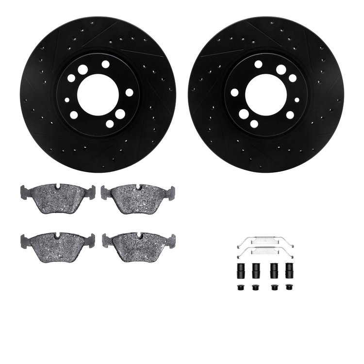 8512-31032 Drilled/Slotted Brake Rotors w/5000 Advanced Brake Pads Kit & Hardware [Black], 1991-1993 BMW, Position: Front