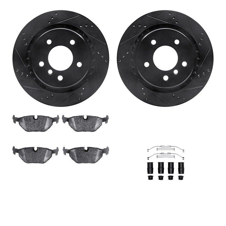 8512-31034 Drilled/Slotted Brake Rotors w/5000 Advanced Brake Pads Kit & Hardware [Black], 1995-2002 BMW, Position: Rear