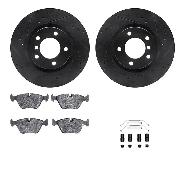 8512-31035 Drilled/Slotted Brake Rotors w/5000 Advanced Brake Pads Kit & Hardware [Black], 1995-2002 BMW, Position: Front