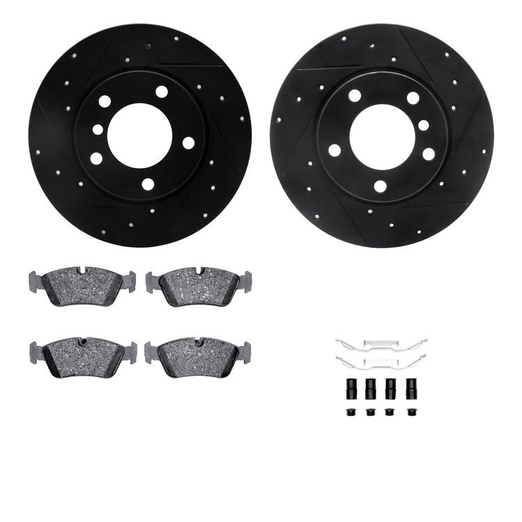 8512-31036 Drilled/Slotted Brake Rotors w/5000 Advanced Brake Pads Kit & Hardware [Black], 1995-1998 BMW, Position: Front