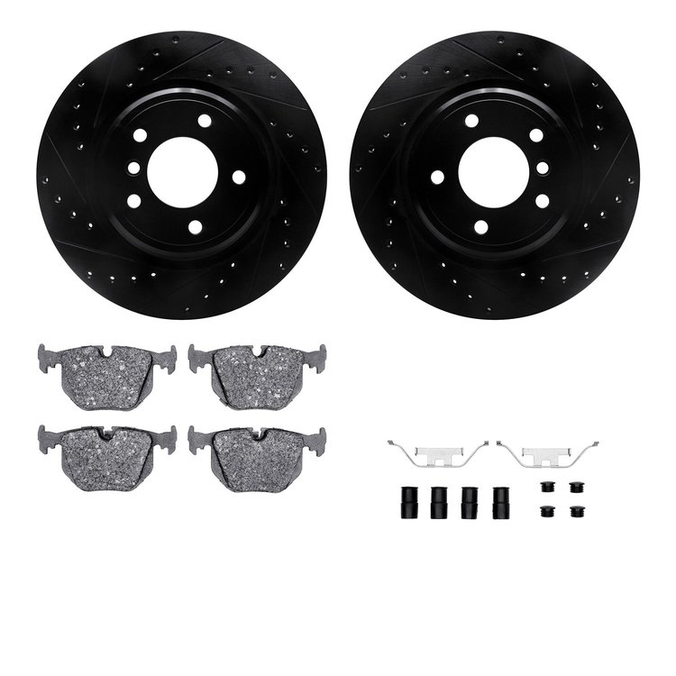 8512-31039 Drilled/Slotted Brake Rotors w/5000 Advanced Brake Pads Kit & Hardware [Black], 1995-2003 BMW, Position: Rear