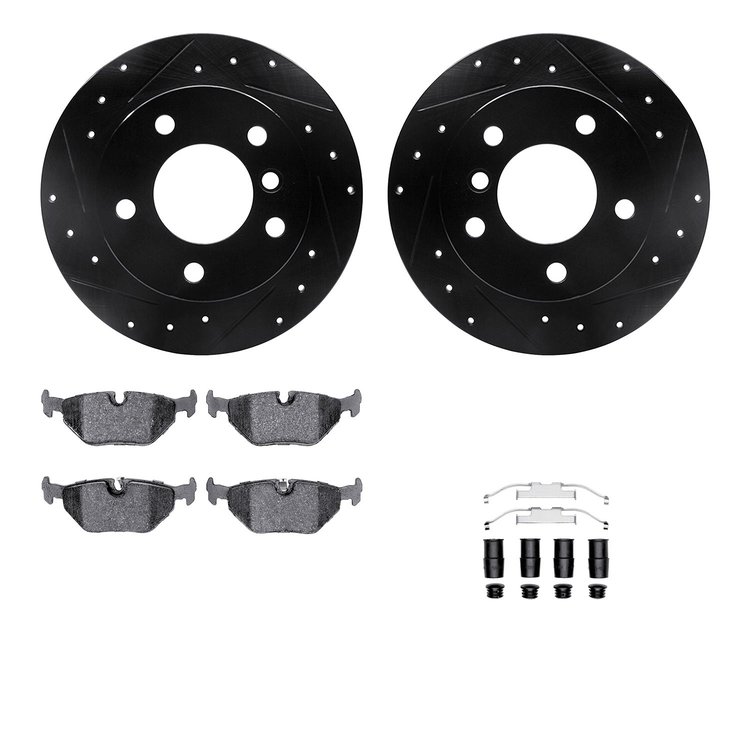 8512-31044 Drilled/Slotted Brake Rotors w/5000 Advanced Brake Pads Kit & Hardware [Black], 1996-2000 BMW, Position: Rear
