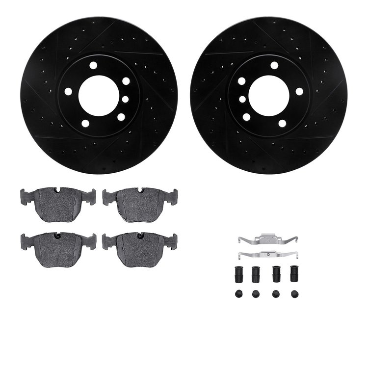 8512-31051 Drilled/Slotted Brake Rotors w/5000 Advanced Brake Pads Kit & Hardware [Black], 2000-2003 BMW, Position: Front