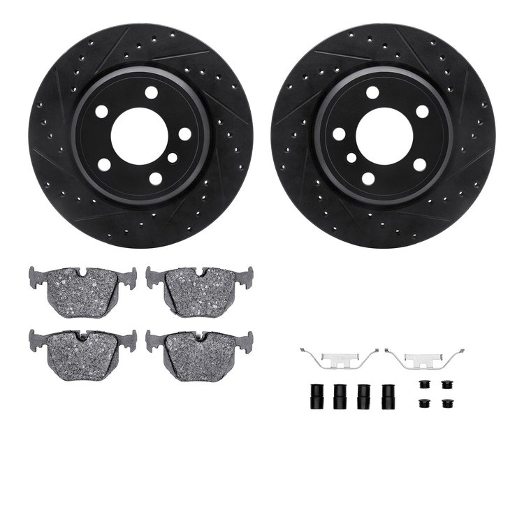 8512-31053 Drilled/Slotted Brake Rotors w/5000 Advanced Brake Pads Kit & Hardware [Black], 2002-2006 BMW, Position: Rear