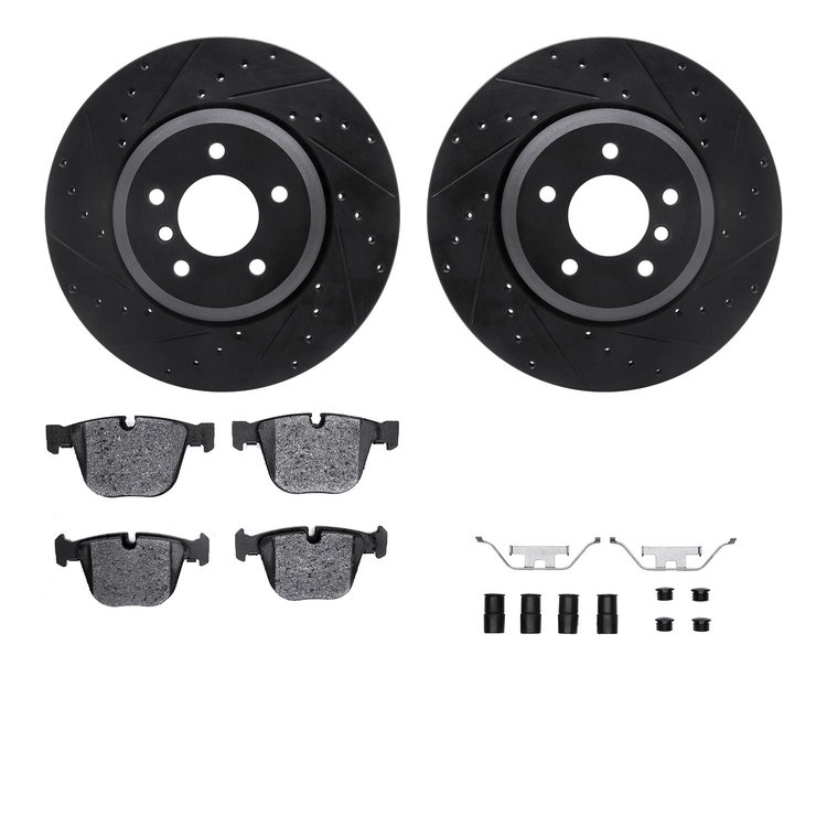 8512-31066 Drilled/Slotted Brake Rotors w/5000 Advanced Brake Pads Kit & Hardware [Black], 2004-2010 BMW, Position: Rear
