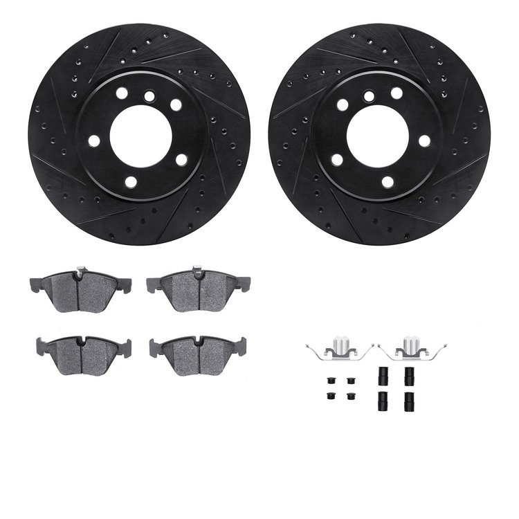8512-31067 Drilled/Slotted Brake Rotors w/5000 Advanced Brake Pads Kit & Hardware [Black], 2004-2010 BMW, Position: Front