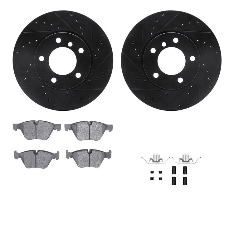 8512-31072 Drilled/Slotted Brake Rotors w/5000 Advanced Brake Pads Kit & Hardware [Black], 2007-2012 BMW, Position: Front