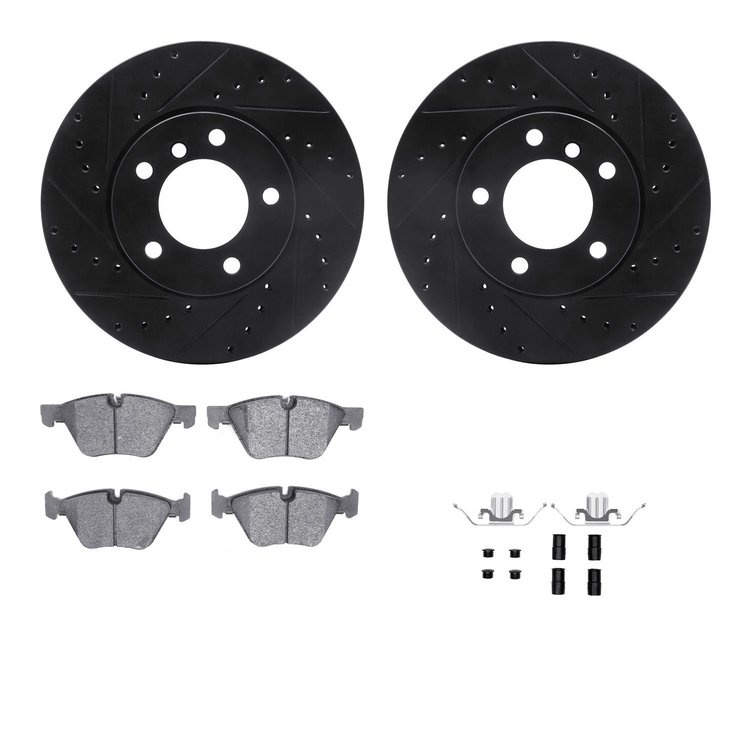 8512-31073 Drilled/Slotted Brake Rotors w/5000 Advanced Brake Pads Kit & Hardware [Black], 2012-2013 BMW, Position: Front