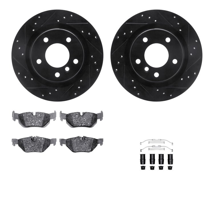 8512-31074 Drilled/Slotted Brake Rotors w/5000 Advanced Brake Pads Kit & Hardware [Black], 2006-2013 BMW, Position: Rear