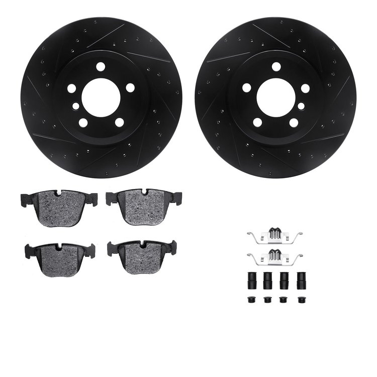 8512-31075 Drilled/Slotted Brake Rotors w/5000 Advanced Brake Pads Kit & Hardware [Black], 2007-2019 BMW, Position: Rear