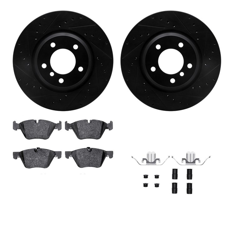 8512-31076 Drilled/Slotted Brake Rotors w/5000 Advanced Brake Pads Kit & Hardware [Black], 2006-2006 BMW, Position: Front
