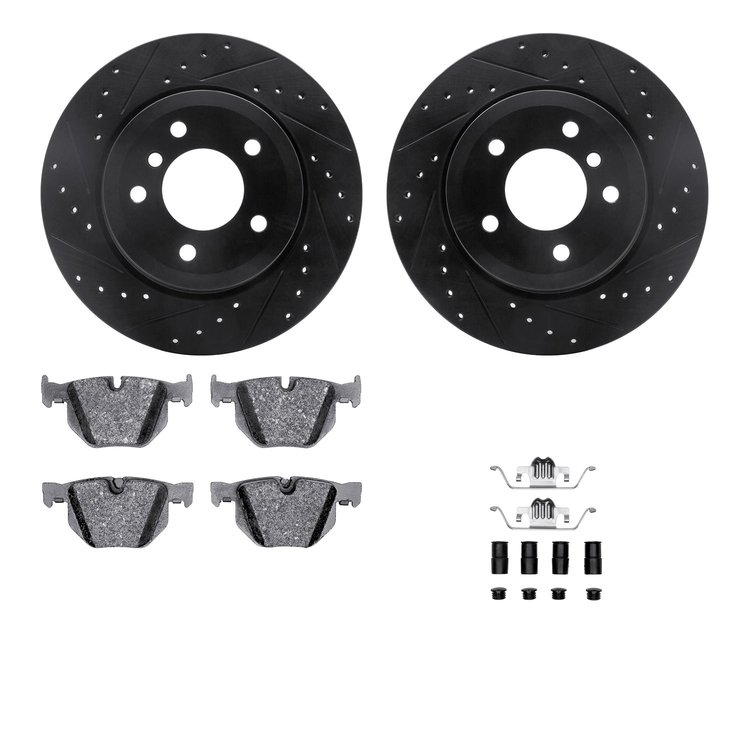 8512-31077 Drilled/Slotted Brake Rotors w/5000 Advanced Brake Pads Kit & Hardware [Black], 2006-2010 BMW, Position: Rear