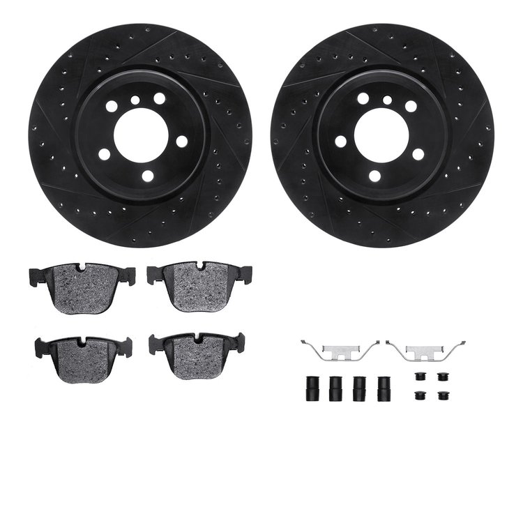 8512-31078 Drilled/Slotted Brake Rotors w/5000 Advanced Brake Pads Kit & Hardware [Black], 2005-2008 BMW, Position: Rear