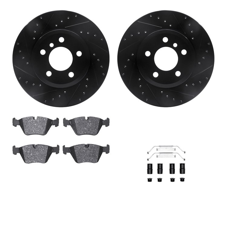 8512-31080 Drilled/Slotted Brake Rotors w/5000 Advanced Brake Pads Kit & Hardware [Black], 2004-2010 BMW, Position: Front