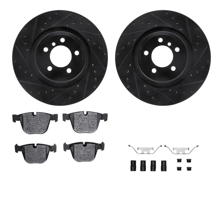 8512-31085 Drilled/Slotted Brake Rotors w/5000 Advanced Brake Pads Kit & Hardware [Black], 2007-2008 BMW, Position: Rear