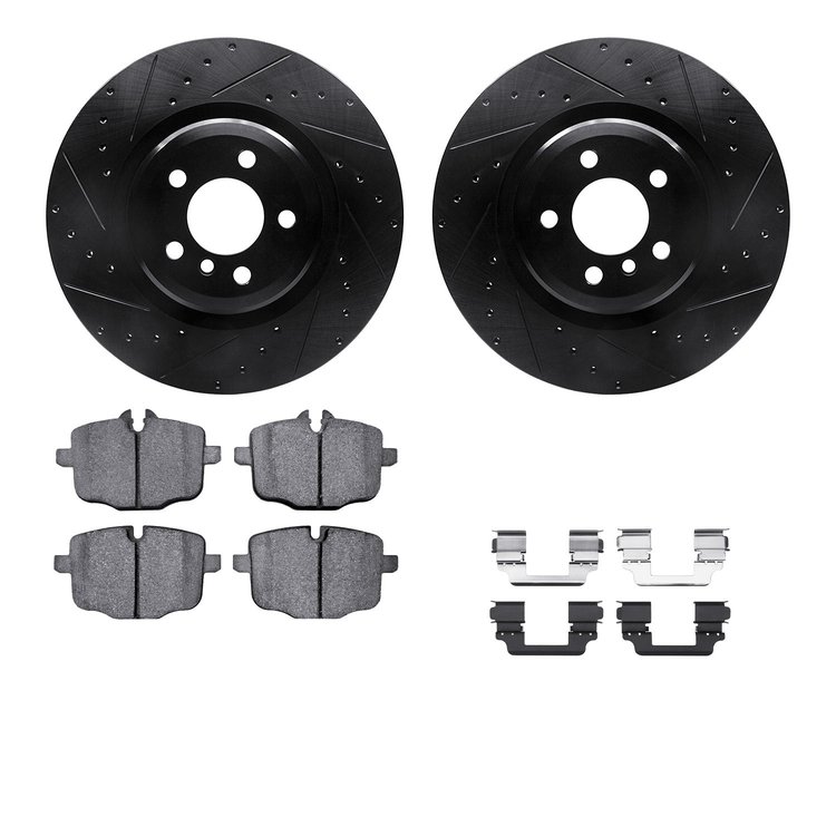 8512-31101 Drilled/Slotted Brake Rotors w/5000 Advanced Brake Pads Kit & Hardware [Black], 2016-2019 BMW, Position: Rear