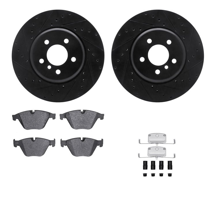 8512-31108 Drilled/Slotted Brake Rotors w/5000 Advanced Brake Pads Kit & Hardware [Black], 2012-2019 BMW, Position: Front