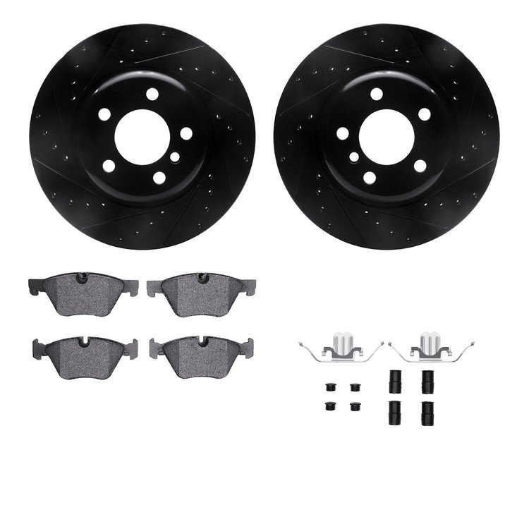 8512-31114 Drilled/Slotted Brake Rotors w/5000 Advanced Brake Pads Kit & Hardware [Black], 2012-2016 BMW, Position: Front