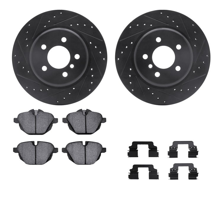 8512-31115 Drilled/Slotted Brake Rotors w/5000 Advanced Brake Pads Kit & Hardware [Black], 2011-2016 BMW, Position: Rear