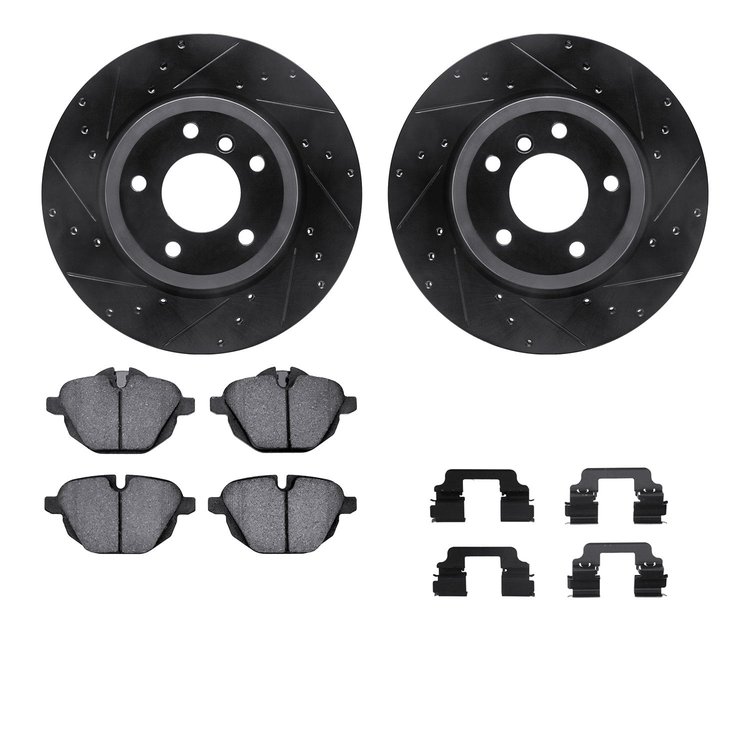 8512-31123 Drilled/Slotted Brake Rotors w/5000 Advanced Brake Pads Kit & Hardware [Black], 2011-2016 BMW, Position: Rear