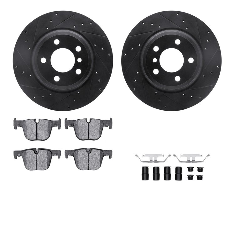 8512-31126 Drilled/Slotted Brake Rotors w/5000 Advanced Brake Pads Kit & Hardware [Black], 2014-2015 BMW, Position: Rear