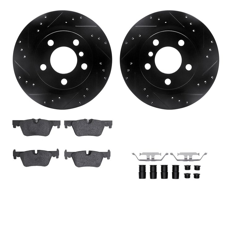 8512-31128 Drilled/Slotted Brake Rotors w/5000 Advanced Brake Pads Kit & Hardware [Black], 2012-2021 BMW, Position: Rear