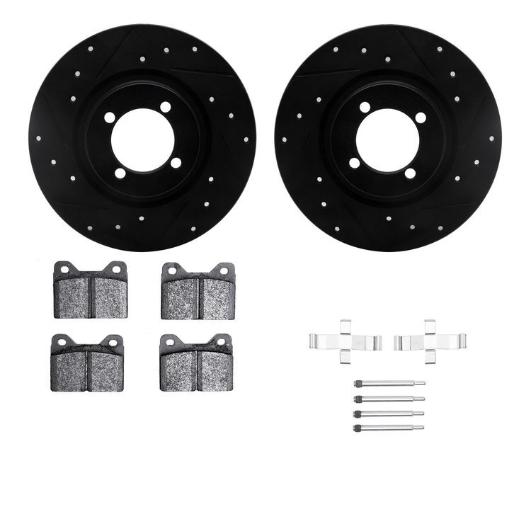 8512-31140 Drilled/Slotted Brake Rotors w/5000 Advanced Brake Pads Kit & Hardware [Black], 1969-1976 BMW, Position: Front