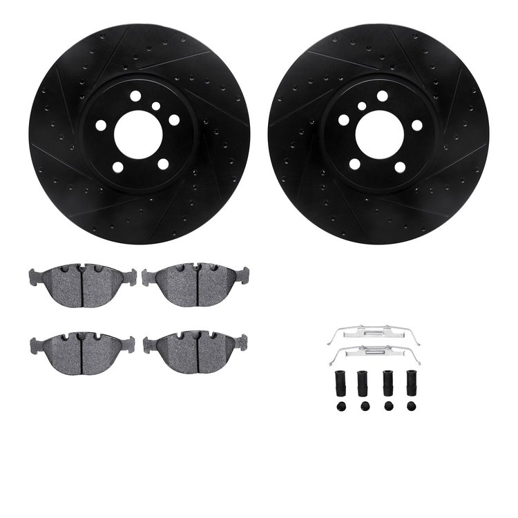 8512-31144 Drilled/Slotted Brake Rotors w/5000 Advanced Brake Pads Kit & Hardware [Black], 2002-2006 BMW, Position: Front