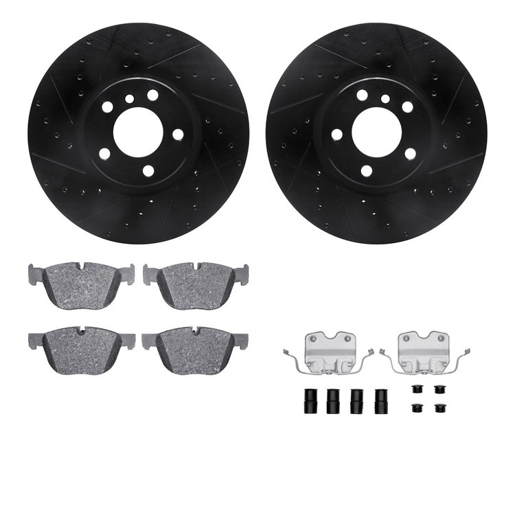 8512-31145 Drilled/Slotted Brake Rotors w/5000 Advanced Brake Pads Kit & Hardware [Black], 2007-2018 BMW, Position: Front