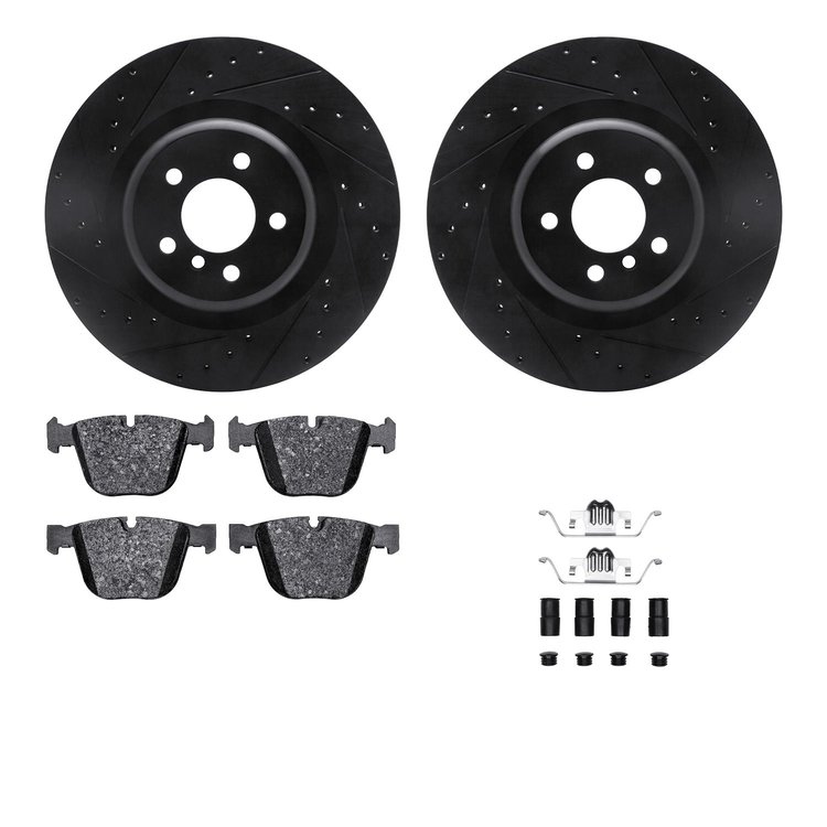 8512-31151 Drilled/Slotted Brake Rotors w/5000 Advanced Brake Pads Kit & Hardware [Black], 2010-2014 BMW, Position: Rear