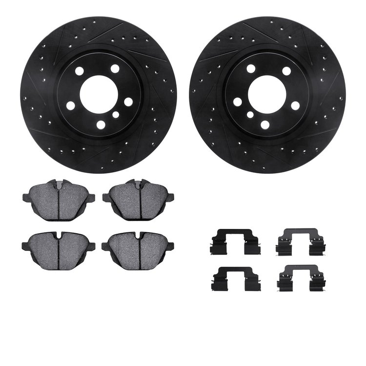 8512-31154 Drilled/Slotted Brake Rotors w/5000 Advanced Brake Pads Kit & Hardware [Black], 2011-2018 BMW, Position: Rear