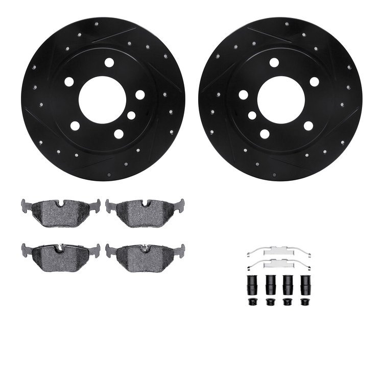 8512-31240 Drilled/Slotted Brake Rotors w/5000 Advanced Brake Pads Kit & Hardware [Black], 1991-1999 BMW, Position: Rear