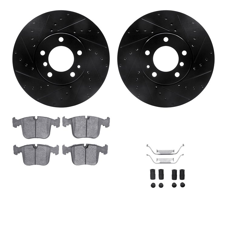 8512-31245 Drilled/Slotted Brake Rotors w/5000 Advanced Brake Pads Kit & Hardware [Black], 1991-1993 BMW, Position: Front