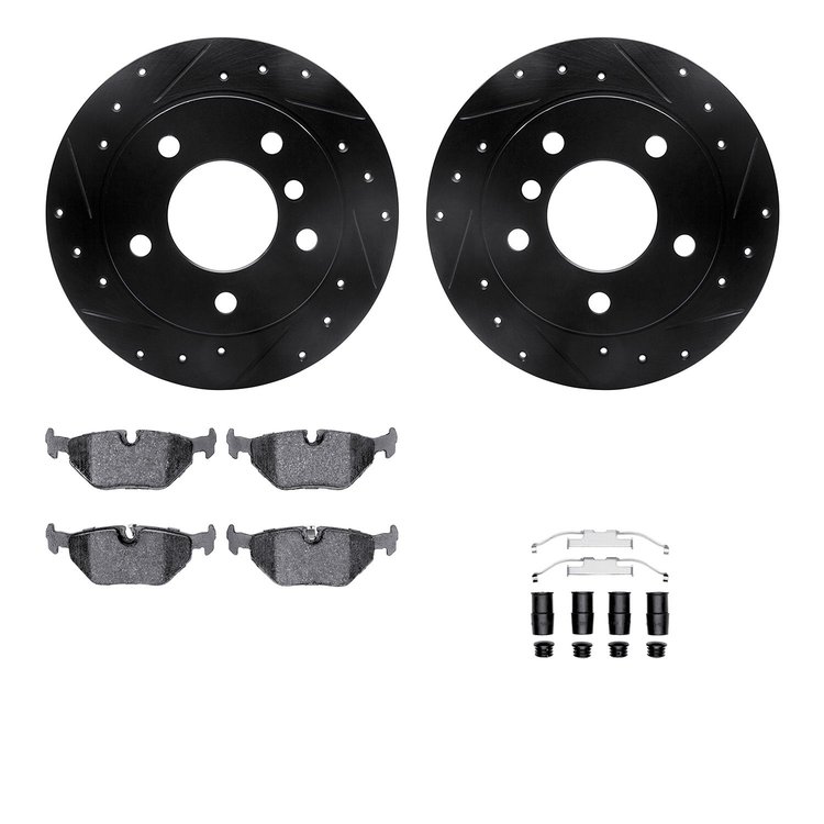 8512-31277 Drilled/Slotted Brake Rotors w/5000 Advanced Brake Pads Kit & Hardware [Black], 1995-1999 BMW, Position: Rear