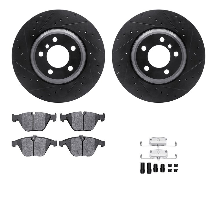 8512-31358 Drilled/Slotted Brake Rotors w/5000 Advanced Brake Pads Kit & Hardware [Black], 2002-2008 BMW, Position: Front