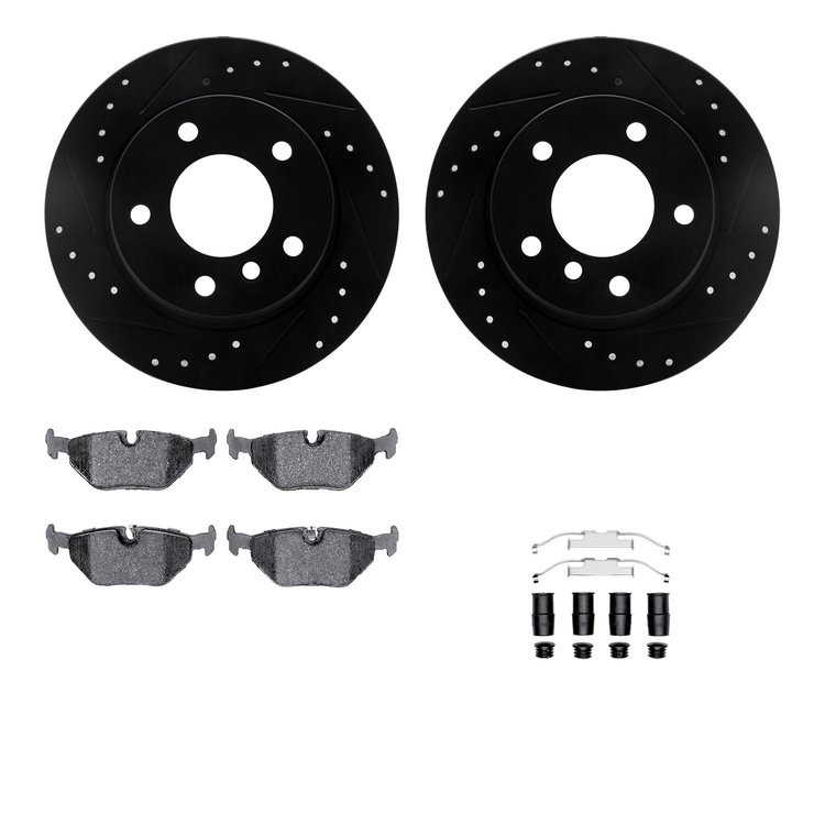 8512-31367 Drilled/Slotted Brake Rotors w/5000 Advanced Brake Pads Kit & Hardware [Black], 2003-2006 BMW, Position: Rear